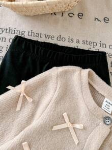 SHEIN Baby Girl Infant Toddler Newborn 0-3 Years Old Autumn/Winter Fashion Knitted Fuzzy Ribbed Bow Cardigan Jacket + Leggings Pants 2-Piece Outfit Set Fall