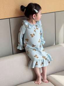 Dazy Kids Baby Girl All-Over Print Ruffle Hem Casual Loungewear, Suitable For Spring/Summer, Toddler Fall Clothes - Blue - View 4