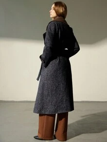 Aveloria Modichic Abrigo largo de mujer con cuello de solapa de color contrastante, decorado con corbata de tela de tweed, estilo francés - Multicolor - Ver 2