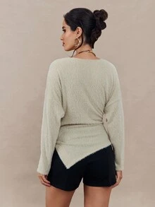 Modelyn Women's Round Neck Long Sleeve Ruched Asymmetric Hem Fashion T-Shirt - Apricot - View 3