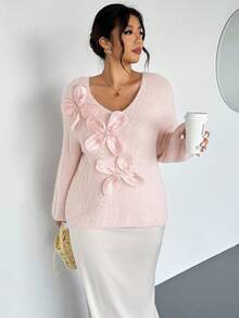 Firerie Maglione lavorato a maglia con maniche lunghe, scollo a V, comodo e morbido, decorato con fiori rosa, adatto per San Valentino, concerti, performance, appuntamenti, cene formali, gala, matrimoni, sexy, elegante, pendolarismo, ritorno a scuola, vacanze, spiaggia, romantico e grazioso, chic da ufficio, stile sirena, feste di compleanno in autunno/inverno - Rosa - Visualizzare 7