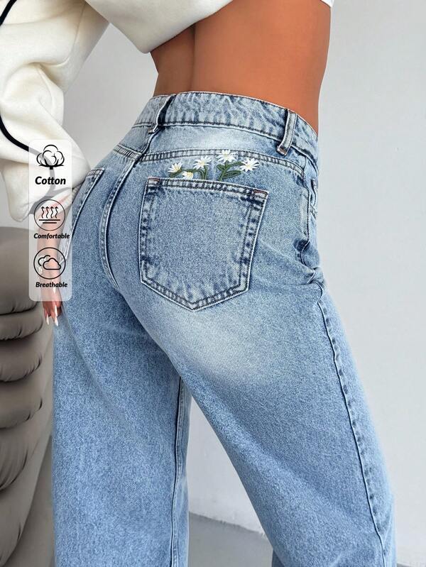 EURMUSE Jeans amples et décontractés à jambes larges avec poche à broderie florale pour femmes