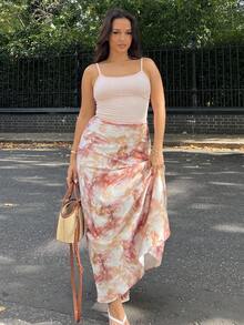 NegzBox 女士优雅百搭 A 字型中长裙，搭配圆点印花缎面长裙，女士服装 - 咖啡棕 - 查看 6