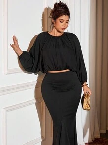 DreamSkyne Plus Size Women Plus Size Puff Sleeve 2 Pieces Set - Black - View 6