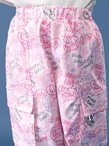 SUMWON Girls Graffiti Print Sweatshirt And Cargo Pants Set Winter Cozy Fleece Casual Two Piece Outfit Streetwear Style Fashion Coordinate Set - Baby Pink - View 6