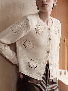 Uhlyne Uhlyne Áo len cardigan dáng ôm màu be, cổ tròn, tay dài, tay lỡ, phong cách Pháp, lãng mạn, tối giản, thanh lịch, thoải mái, thường ngày, đa năng, thủ công 3D, phù hợp cho mùa thu/đông - Màu be - Xem 2