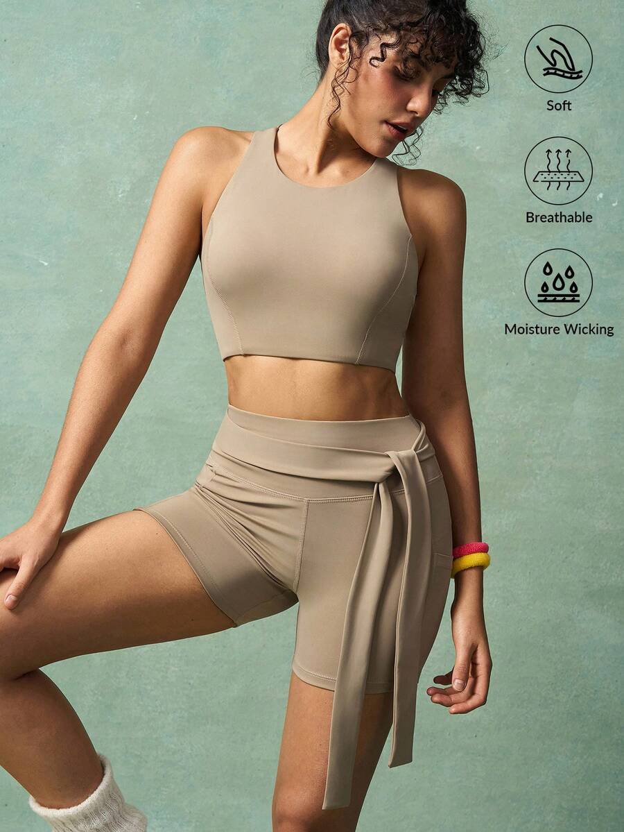 VARSITIE Workout Women Sets Women's Solid Color Round Neck Cropped Tank Top And Tie Waist Shorts Sports Set Beige Workout Set Yoga Two Piece Set Active Two Pieces Set Two Pieces Workout Set