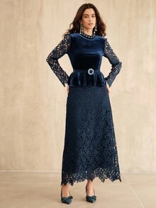 Anewsta Váy midi thanh lịch, sang trọng, phù hợp cho mùa thu, đông, năm mới, tiệc tùng, đám cưới - Xanh đậm - Xem 7