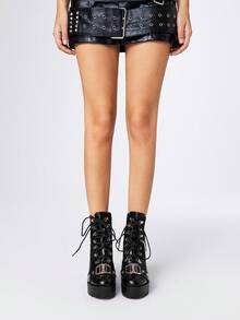 ROMWE Grunge Punk Botas altas de tacón grueso con diseño de hebilla, puntera redonda, estilo gótico, de tacón alto, de gamuza y PU, en color negro, adecuadas para fiestas, uso diario y eventos de noche - Negro - Ver 2