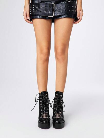 Grunge Punk Women's Gothic Style Round Toe Chunky Heel Platform Punk Boots, Suede & PU Leather Patchwork, Black High Heel Boots Suitable For Party, Daily Wear, Evening Dress, Height Increasing And Leg Lengthening