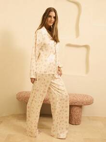 Aralina Sleepwear Fall Winter Satin Cute Floral Print Frill Detail Tie Front Shirt And Wide Leg Pant Two Piece Date Night Sleep Set, Fall Clothes - Multicolor - View 8