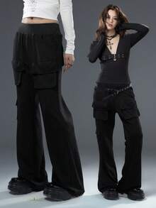 Bloopia Pantalones anchos acampanados con bolsillos y parches, moda de otoño/invierno, estilo casual y urbano, personalizado para mujer - Gris - Ver 1