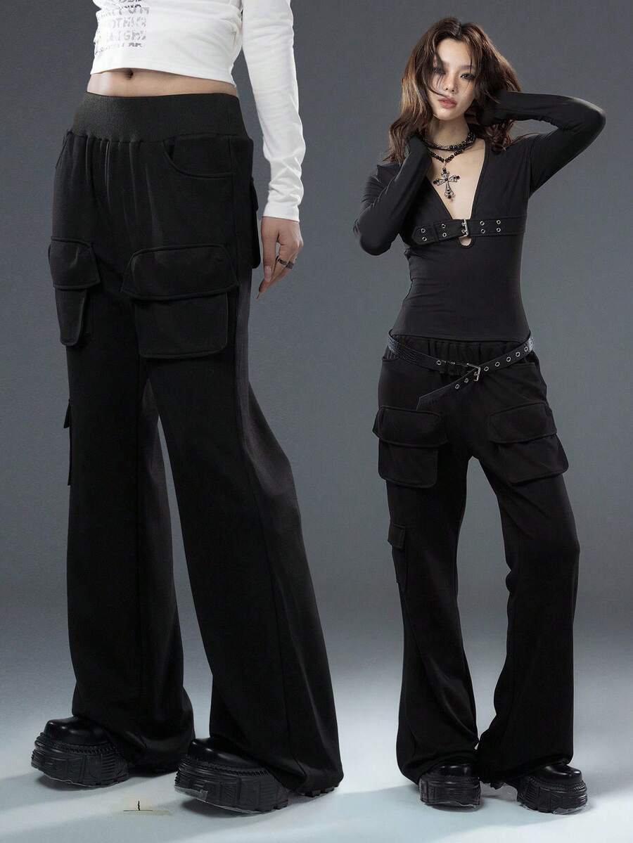 Bloopia Pantalones anchos acampanados con bolsillos y parches, moda de otoño/invierno, estilo casual y urbano, personalizado para mujer - Gris - Ver 1