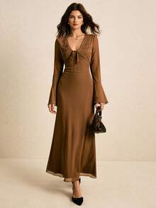 Poéselle 女式优雅花卉刺绣喇叭袖迷你连衣裙 - 棕色 - 查看 4