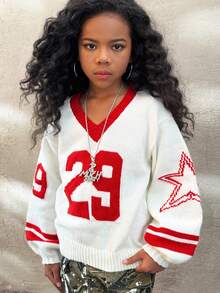 Coolane Kids 情人节 V 领黑白心形印花套头衫，适合青少年女孩的简约时尚休闲日常穿着 - 紅白色 - 查看 4