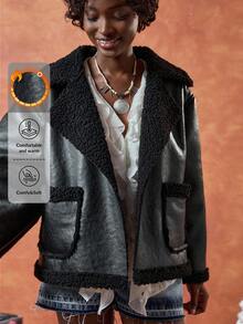 EURMUSE Áo khoác nữ thời trang, lót vải Teddy bên trong bằng da PU, cỡ lớn, mặc thường ngày khi đi làm - màu đen - Xem 4