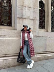 SHEIN Cottnline Waterproof Quality, Faux Fur Hooded Long Line Purple Puffer Winter Vest, Elegant Quilted Vest Burgundy Maroon - Purple - View 7