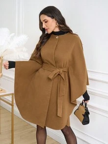 Ellevyn 女士优雅通勤斗篷式圆领中长款外套，秋冬季外出沙特国庆节圣诞节服装女士秋季服装冬季外套 - 摩卡棕 - 查看 16