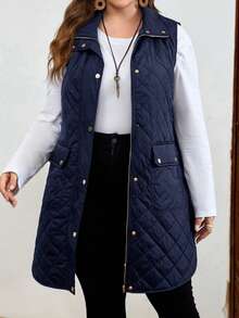EMERY ROSE Plus Size Geometric Quilted Stand Collar Zip-Up Four-Button Patch Pocket Padded Coat Long Jacket For Women Autumn Winter Clothes For Women - Navy Blue - View 1