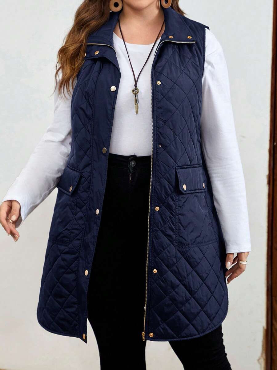 EMERY ROSE Plus Size Geometric Quilted Stand Collar Zip-Up Four-Button Patch Pocket Padded Coat Long Jacket For Women Autumn Winter Clothes For Women - Navy Blue - View 1