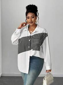 Maweii Plus Size Women's Long Sleeve Striped Casual Blouse