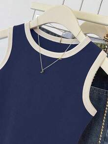 SHEIN Plus Size Women's Casual Contrast Trim Tank Top, Summer - Navy Blue - View 3