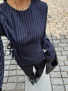 Siren Gaze Damen elegantes Pendler-Slim-Fit-Hemd mit seitlicher Bindung, Langarm-Lässig-Shirt, Rundhals-Langarm-Gestreiftes Oberteil, Pendler-Bürokleidung, elegante Damenblusen, Herbstkleidung für Damen, marineblau gestreiftes Hemd, neue Slim-Fit-Langarm-Bluse für den Ausgang, für den täglichen Gebrauch