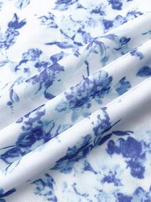 SHEIN 少女蓝白花卉网眼露背度假/节日连衣裙，复古/沙滩/大海/优雅/可爱，春夏，新年，情人节 - 藍白色 - 查看 6