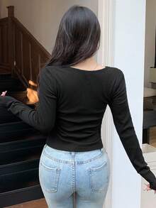 DAZY 女士黑色圆领长袖拉链纯色可爱镂空温柔T恤夏季返校服