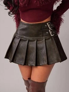 Radiana Casual Versatile Pleated Mini Skirt For Women Belt Skirt Leather Skirts Burgundy Skirt Brown Skirts,ملابس شتوية للنساء - Coffee Brown - View 7
