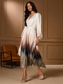 Lilora Women's Elegant Gradient Color V-Neck Lantern Sleeve Dress Ethereal Vogue,Concert,ملابس شتوية للنساء - Multicolor - View 1