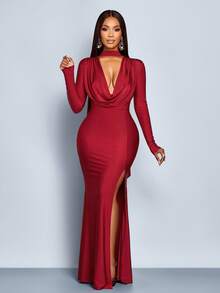 SOLERSUN Women's Elegant Modern Front Deep Cowl Neck Long Sleeve Cropped Tight High Slit Mermaid Maxi Dress Fall Cloth For Women - Red - View 7