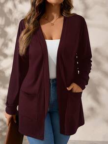 SHEIN Clasi Deep Red Knit Pocket Long Sleeve Loose Plus Size Jacket In Fall/Winter - Maroon - View 2