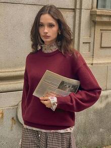 女式宽松圆领长袖休闲复古硬币针织毛衣，秋冬 - 酒紅色 - 查看 3