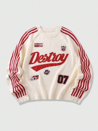 Street Life Herren locker sitzender kurzer gestrickter Pullover mit Stickerei, Herbst Winter