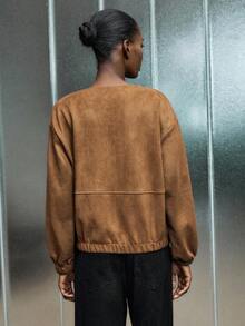 Lumivelle Chaqueta bomber de mujer con dobladillo de burbuja - Marrón - Ver 3