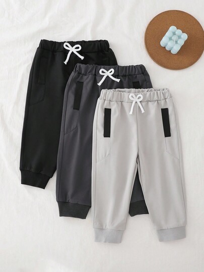 SHEIN Playful Pals 3pcs Baby Boys' Fashion Colorblock Splice Mamba Cotton Elastic Waist Casual Jogger Pants, Spring/Autumn, Comfortable Cuffed Design Suitable For Everyday Wear And Outdoor Activities, Elastic Waistband And Cuffs For Easy On/Off And Active Needs Fall Winter