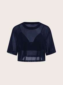 SHEIN BASICS 2pcs Set Casual Solid Color Cropped Cami Top & Round Neck Loose Cropped T-Shirt - Navy Blue - View 1