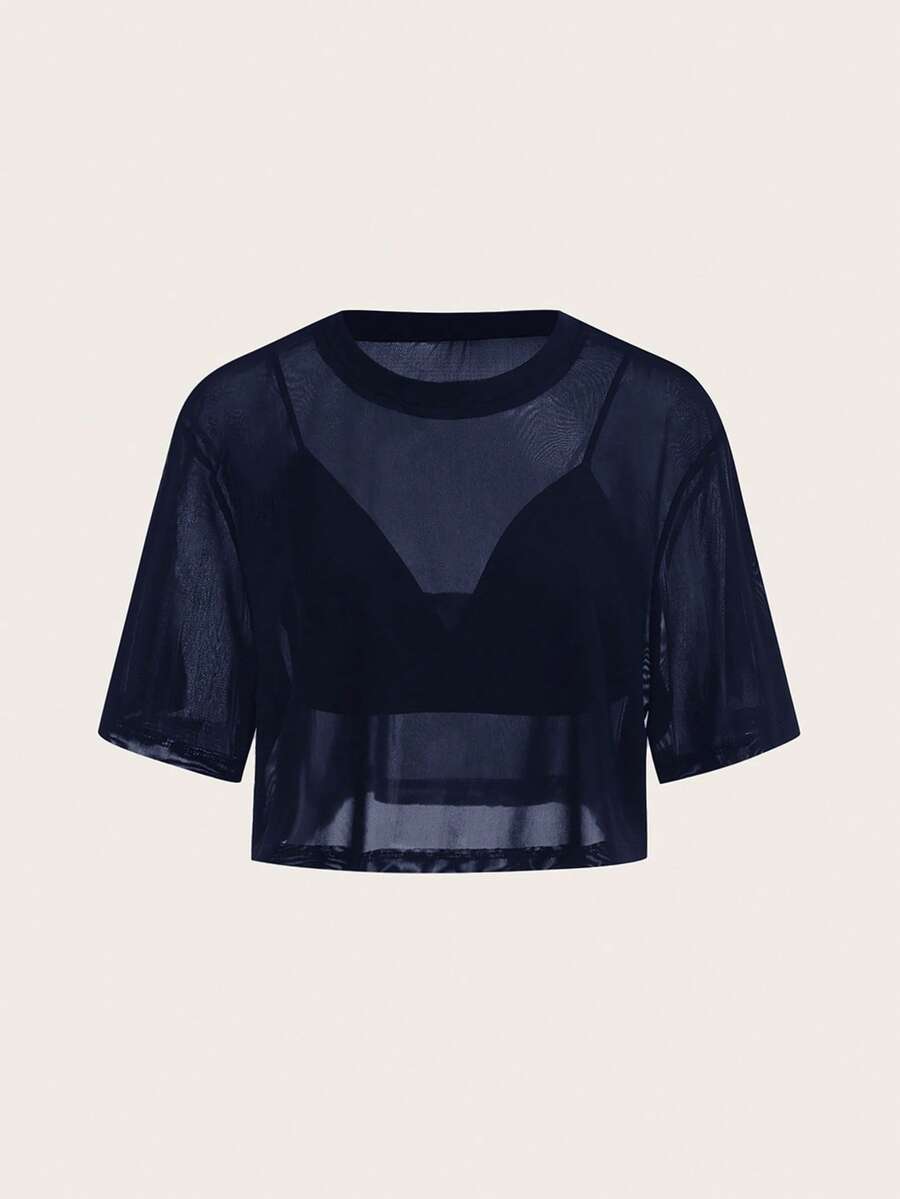 SHEIN BASICS 2pcs Set Casual Solid Color Cropped Cami Top & Round Neck Loose Cropped T-Shirt - Navy Blue - View 1
