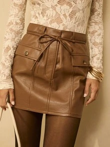 Aralina Women's Autumn/Winter Casual Boho PU High Waisted Mini Skirt With Tie Front Detail And Cute Pocket Details Perfect For Going Out Outfits And Date Night Outfits And Country Concert Outfits - Brown - View 5