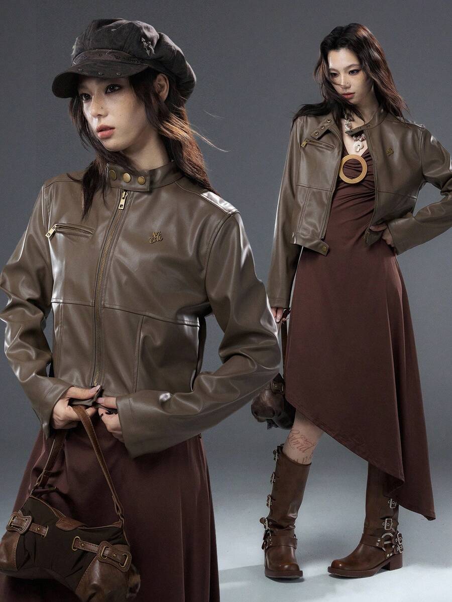 Bloopia Retro American Mirage Chic PU Leather Jacket For Women,High Neck Cropped Autumn Jacket,All Shades Of Brown Night Out Halloween Minimalist - Brown - View 1