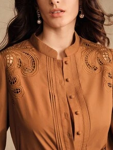 Anewsta Women's Elegant Halloween & Christmas Hollow Out Embroidered Solid Color Long Sleeve Loose Blouse, Autumn/Winter - Khaki - View 5