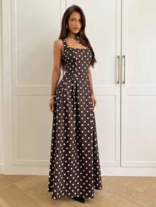 Aloruh 女式方领无袖棕色波点荷叶边下摆连衣裙 - 棕色 - 查看 5