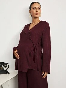 MaterniWear 办公室,商务休闲女装,秋装,孕妇装秋装孕妇装纯色系带上衣和裤子套装孕妇装两件套孕妇装秋冬套装女式阔腿裤套装女式裤子套装孕妇装孕妇裤套装 - 酒紅色 - 查看 6