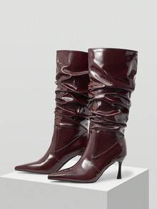Mnmlis Stivali alla caviglia da donna colore rosso vino, moda versatile con tacco sottile/spesso, tacco alto, punta affusolata, stivali alti fino al ginocchio, adatti per autunno/inverno - Bordò - Visualizzare 3