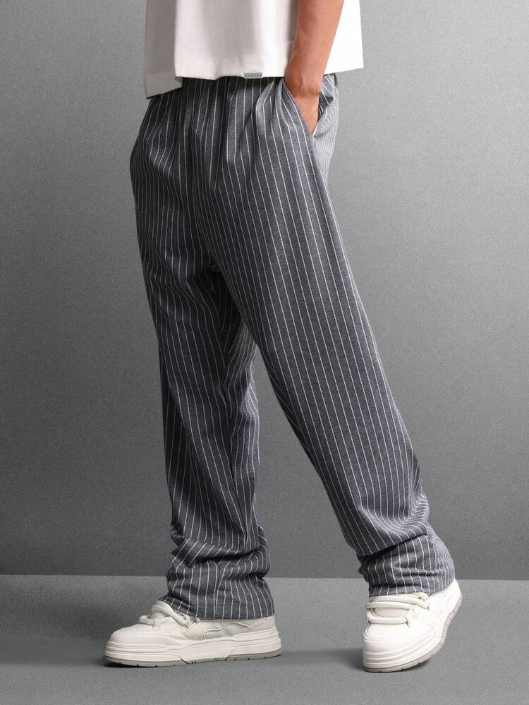 Pinstripe Loose Pants With Drawstring Waist And Elastic Ankles