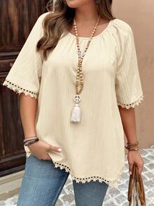 EMERY ROSE 大码女式休闲宽松纯色衬衫，夏季 - 米色 - 查看 4