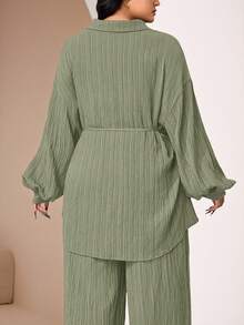 Veilorie 2pcs Plus Size Plain Front Button Long Sleeve Casual Blouse And Pants Set 2 Pieces Set - Green - View 4