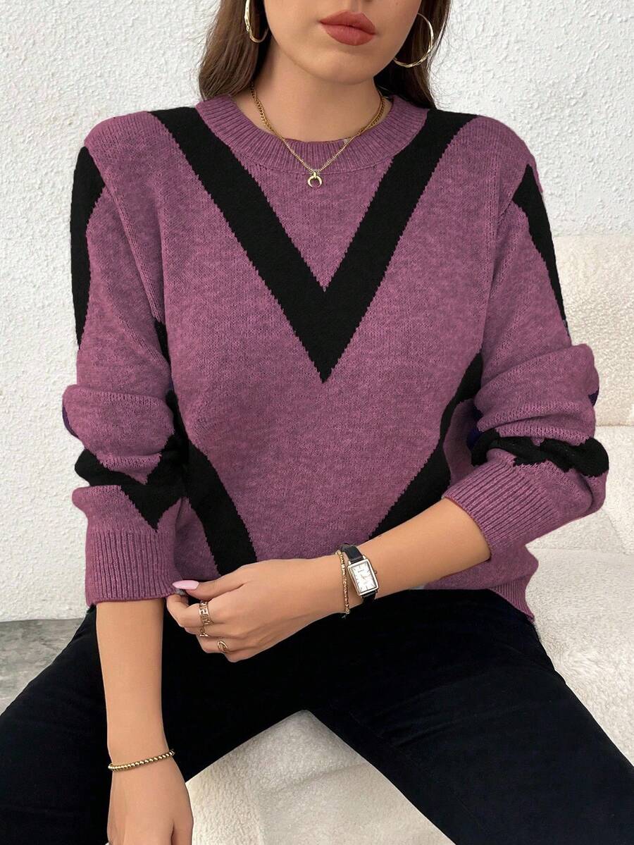 Elenzga Plus Size Women Casual Fashionable Slimming Round Neck Long Sleeve Jacquard Knit Pullover Sweater, Autumn/Winter - Red Violet - View 1