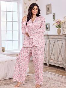 CottageSlumber 大码碎花荷叶边领长袖睡衣套装，秋季服装